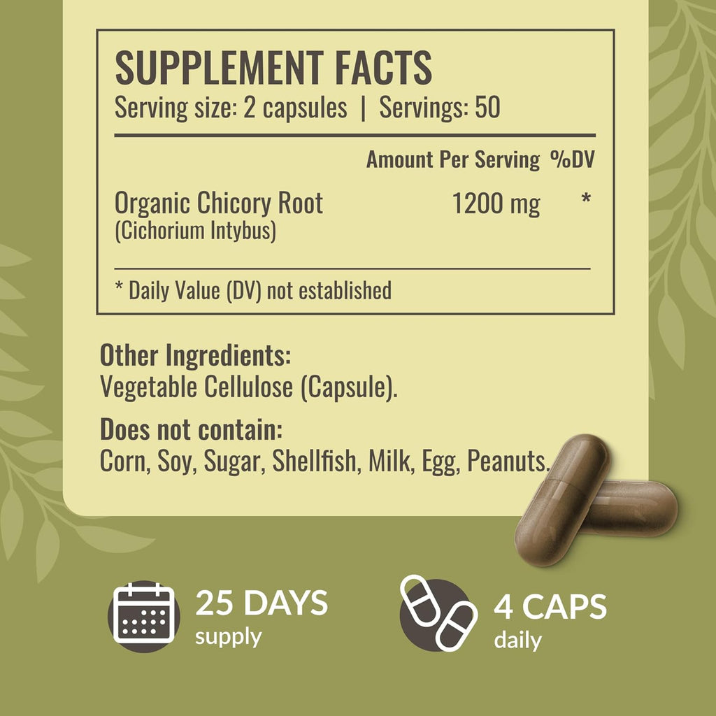 HERBAMAMA Chicory Root Fiber Capsules - 1200mg Chicory Root Powder for Gut Cleanse & Digestive Support - Vegan, Non-GMO Inulin Prebiotic Fiber Supplement, 100 Caps