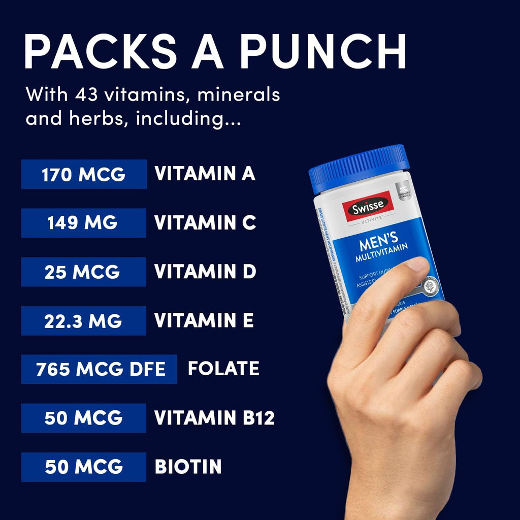 Swisse Ultivite Mens Daily Multivitamins | 50 Vitamins, Antioxidants and Minerals + Adaptogens | Energy, Stress & Immune Support | Mens Vitamins | 120 Tablets