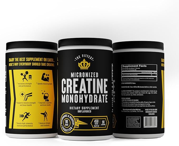 The Fittest Creatine Monohydrate Powder – Unflavored, Pure 100% Micronized Creatine Monohydrate – Muscle Strength, Focus, Power & Recovery Support