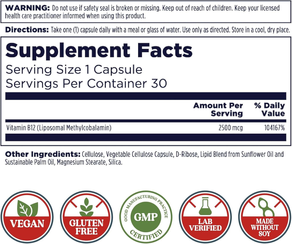 KAL Liposomal Vitamin B12 2500 mcg, High Absorption, Liposomal Technology, Cellular Energy Support, Vegan Capsules, Gluten Free, Made Without Soy, 30 Servings