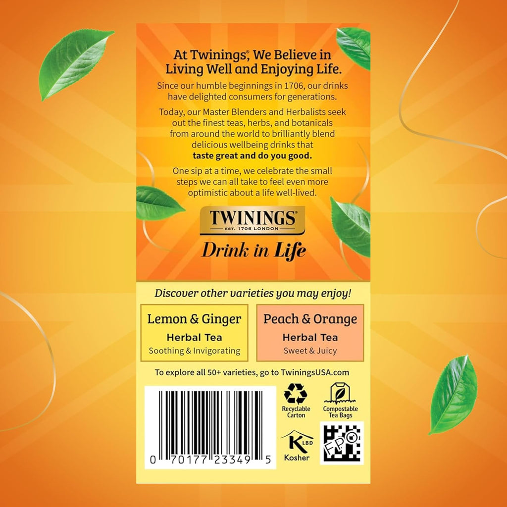 Twinings Mango & Pineapple Herbal Tea Individually Wrapped Bags, 20 Count (Pack of 1), Naturally Caffeine-Free, Enjoy Hot or Iced, 20 Teabags