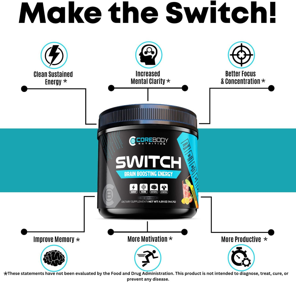 Switch, Brain Boosting Nootropic Energy Supplement Powder - Made in USA - Alpha GPC, NALT, Ashwagandha, Sugar Free Energy, Keto, Increase Mental Focus & Cognitive Function, Enhances Mood & Memory