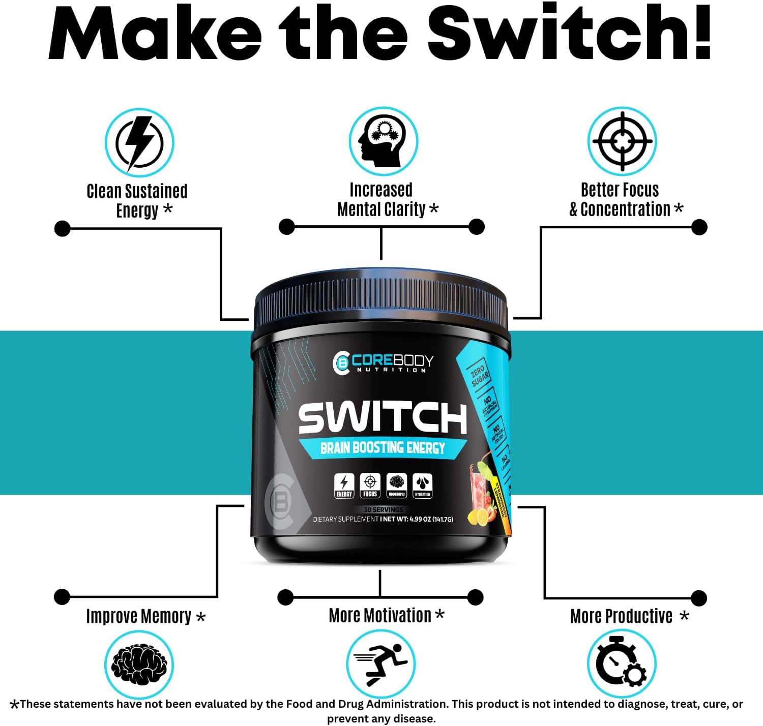 Switch, Brain Boosting Nootropic Energy Supplement Powder - Made in USA - Alpha GPC, NALT, Ashwagandha, Sugar Free Energy, Keto, Increase Mental Focus & Cognitive Function, Enhances Mood & Memory