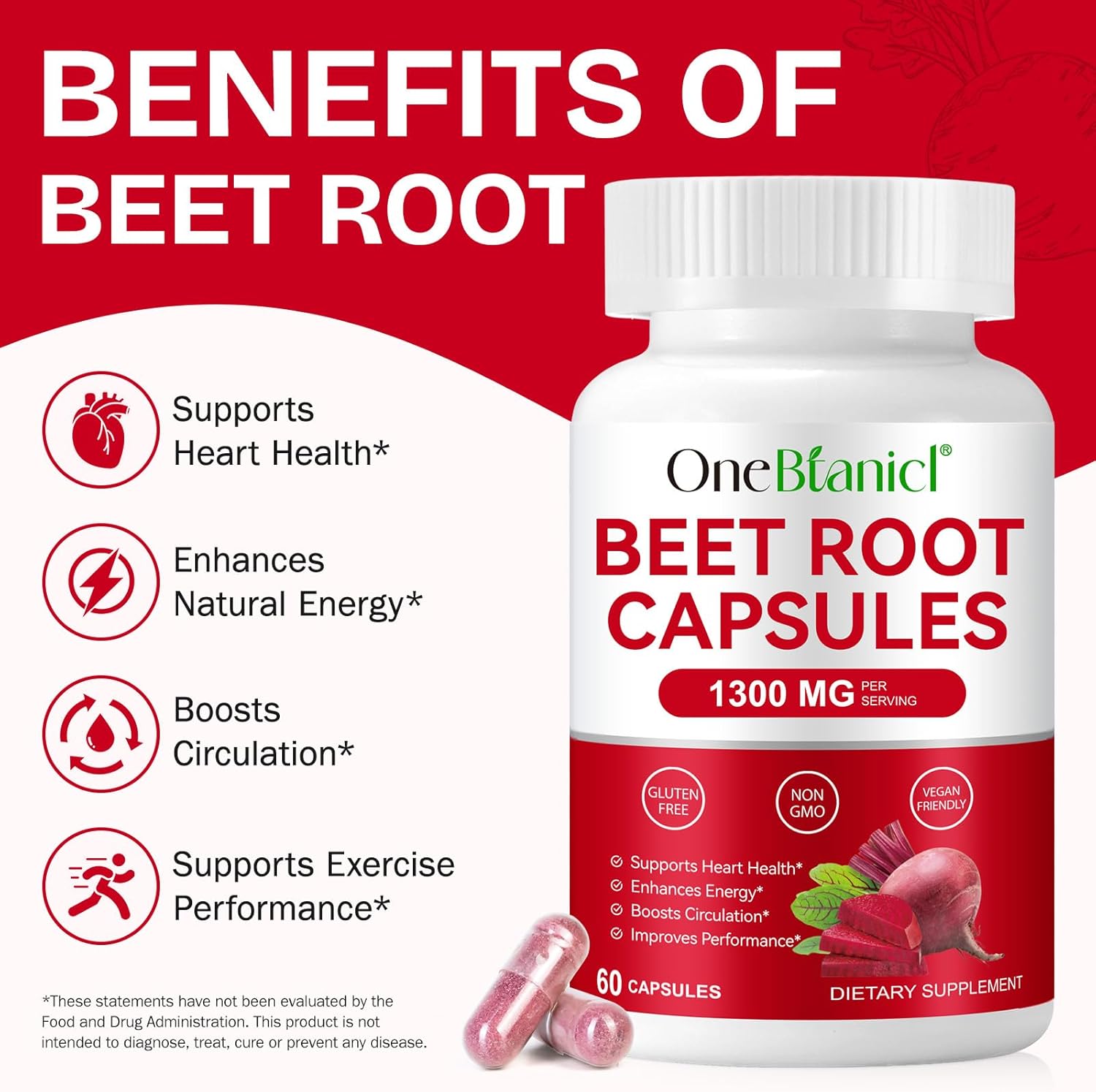 Organic Beet Root Capsules, Beetroot Capsules 1300mg, Beetroot Powder Supports Nitric Oxide Production, Blood Pressure, Enhances Energy, Digestive & Immune (60 Count (Pack of 1))