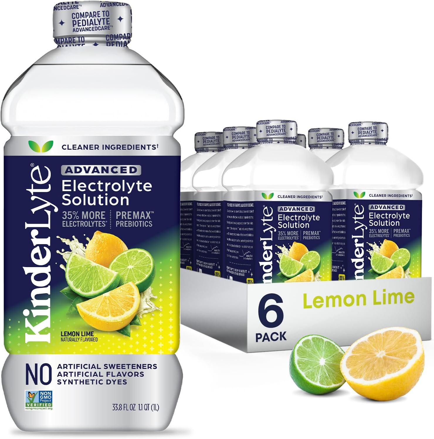 KinderLyte Advanced Electrolyte Solution for Kids and Adults - Hydration Drink (Lemon Lime, 6 Count), With PreMax Prebiotics, No Artificial Sweeteners or Flavors, No Synthetic Dyes