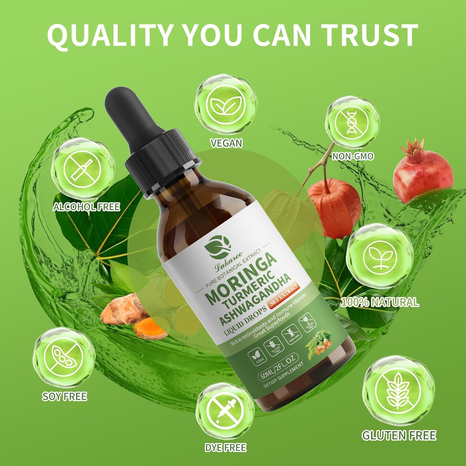 12-in-1 Lipsomal Moringa Leaf Drops with Ashwagandha Turmeric Quercetin, 98% Absorption & 30:1 Pure Moringa Extract for Energy Immune Joint Digestive Support, Vegan Non-GMO Gluten-Free