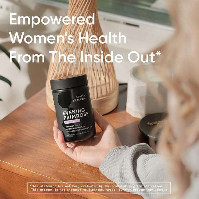 Sports Research Evening Primrose Supplement from Cold Pressed Oil - Softgels for Women’s Health & Skin Health - Gluten Free & Non-GMO GLA - High Potency 1300mg, 30 Count