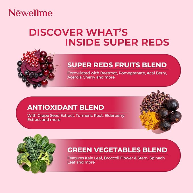 NEWELLME Organic Super Reds Beetroot Powder, Nitric Oxide & Blood Pressure Support, Heart & Circulation, Steady Energy, Sugar Free, Non-GMO, Grape Seed Polyphenols, 42 Sachets, Berry Flavor