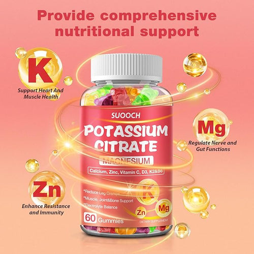 2 Pack Potassium Citrate Gummies 120 Count, 1200mg Potassium Supplement, Potassium Gummies for Women & Men, Chewable Potassium Magnesium Zinc Supplement, Support Leg Cramps & Muscle Health