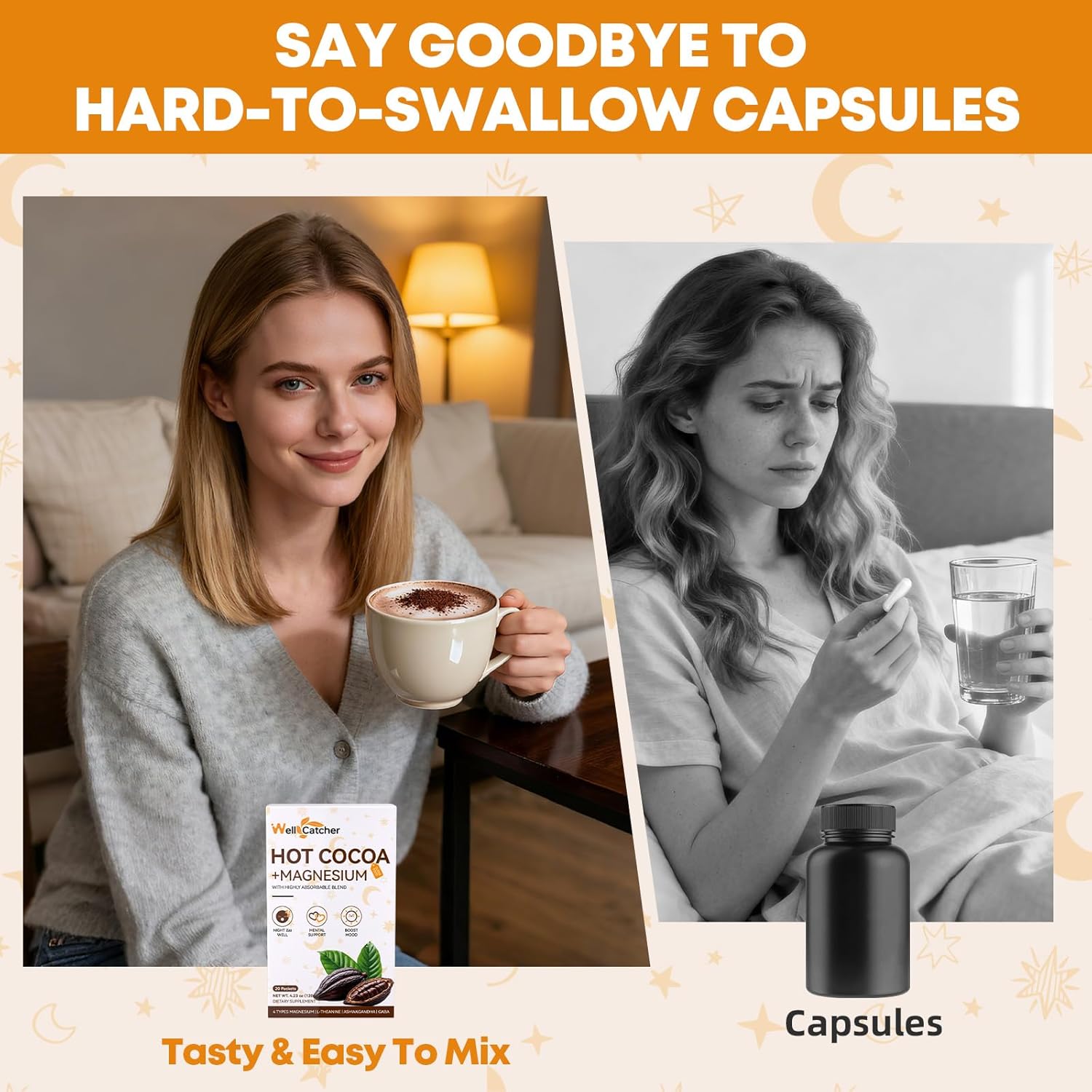 Nighttime Sleep Hot Cocoa with Magnesium: Mushroom Hot Chocolate Powder with Ashwaganda Lion's Mane Reishi Support Healthy Mood Sleep, Melatonin-Free Vegan Organic Non-GMO 20 Servings