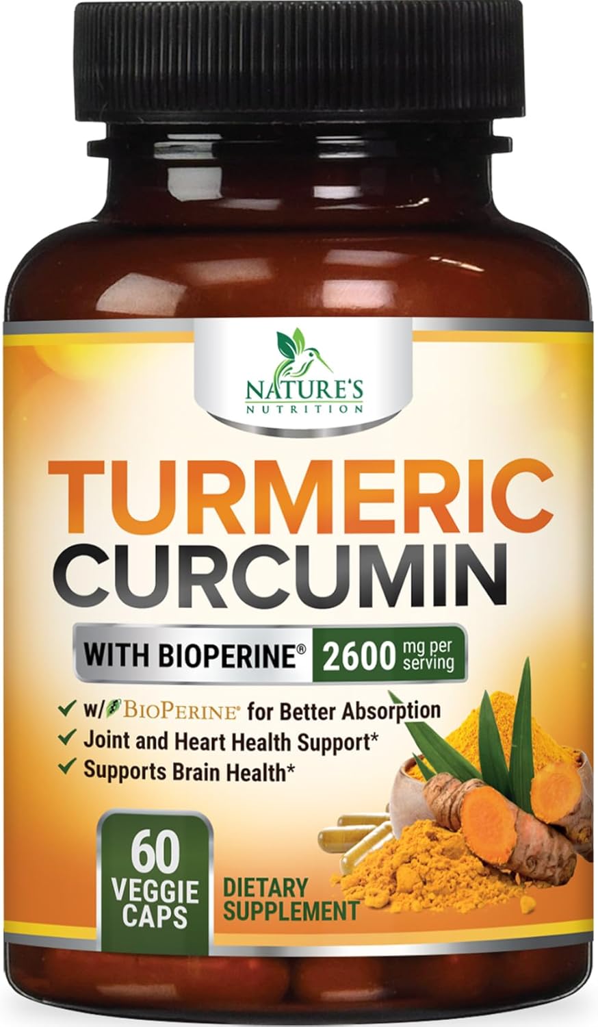 Turmeric Curcumin Supplement with BioPerine 95% Curcuminoids 2600mg with Black Pepper for Best Absorption, Bottled in USA, Best Natural Vegan Joint Support, Nature's Non-GMO Tumeric - 60 Capsules