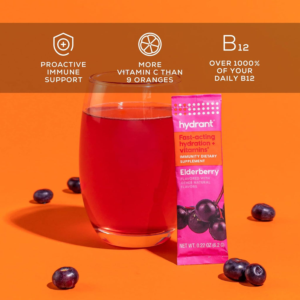 Hydrant - Immunity Electrolyte Powder, Elderberry Flavor, 30 Instant Rehydration Stick Packs - Electroyte Blend with Vitamin C, Vitamin D, and Zinc for Immune Support