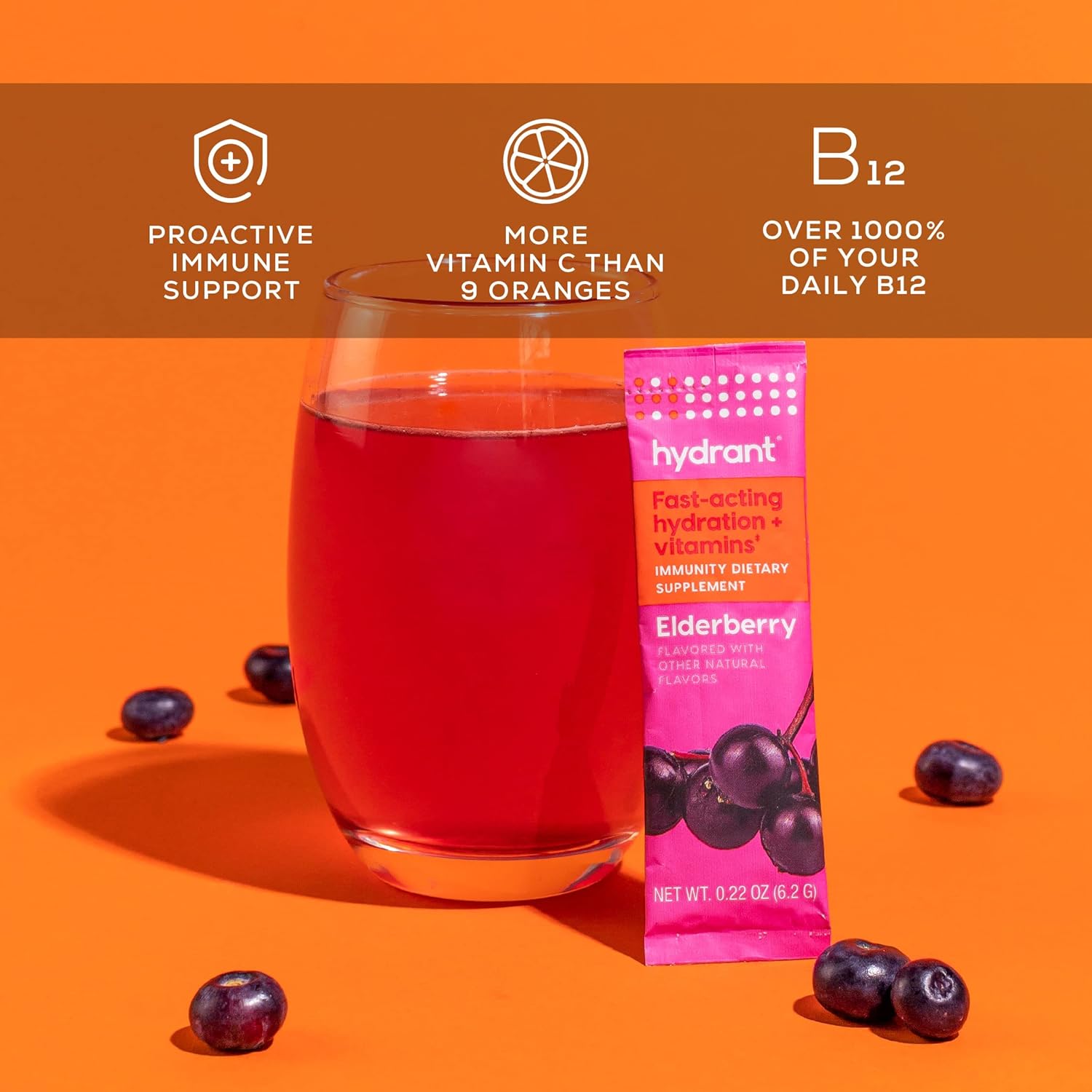 Hydrant - Immunity Electrolyte Powder, Elderberry Flavor, 30 Instant Rehydration Stick Packs - Electroyte Blend with Vitamin C, Vitamin D, and Zinc for Immune Support