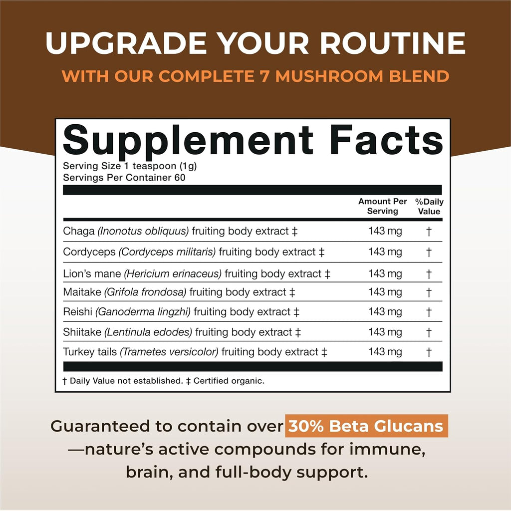 Sacred 7 Mushroom Coffee Booster | Organic Mushroom Supplement Powder – Lions Mane, Reishi, Chaga & More | Adaptogen + Nootropic | 100% Fruiting Bodies | Mix with Coffee,Tea, Smoothies - 60 Servings