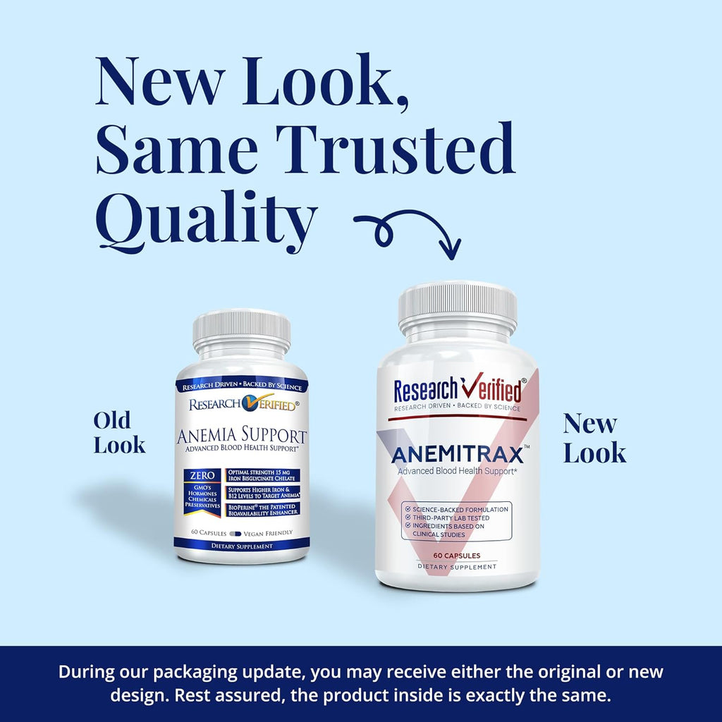Research Verified Anemia Support - Replenish Iron, Regulate Hemoglobin, Improve Energy - Iron, Vitamin C, Vitamin A, B12, Folate, BioPerine - 180 Capsules - Vegan