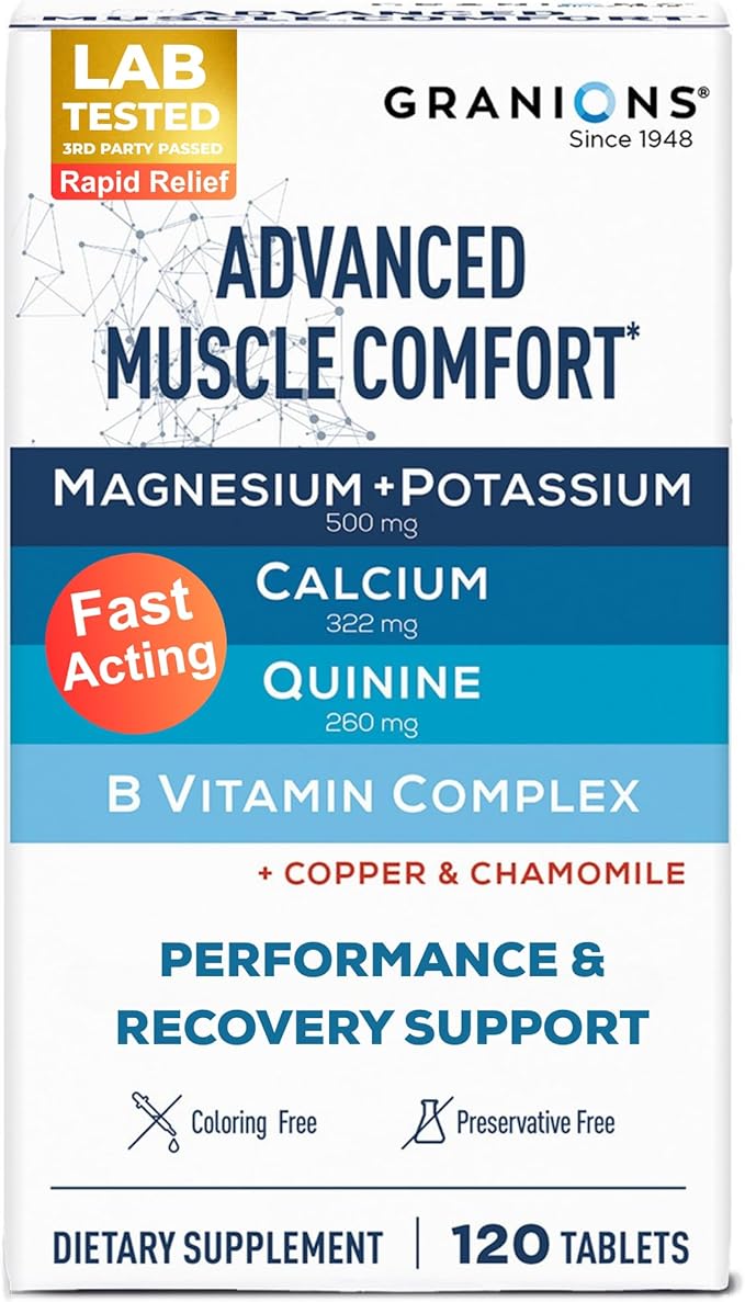 Granions Advanced Muscle Comfort - Natural Muscle Relaxer Pills Support with Quinine, Magnesium, Potassium, B Vitamins, Chamomile and CoQ10 for Immediate Muscle Relaxation and Comfort - 120 Tablets