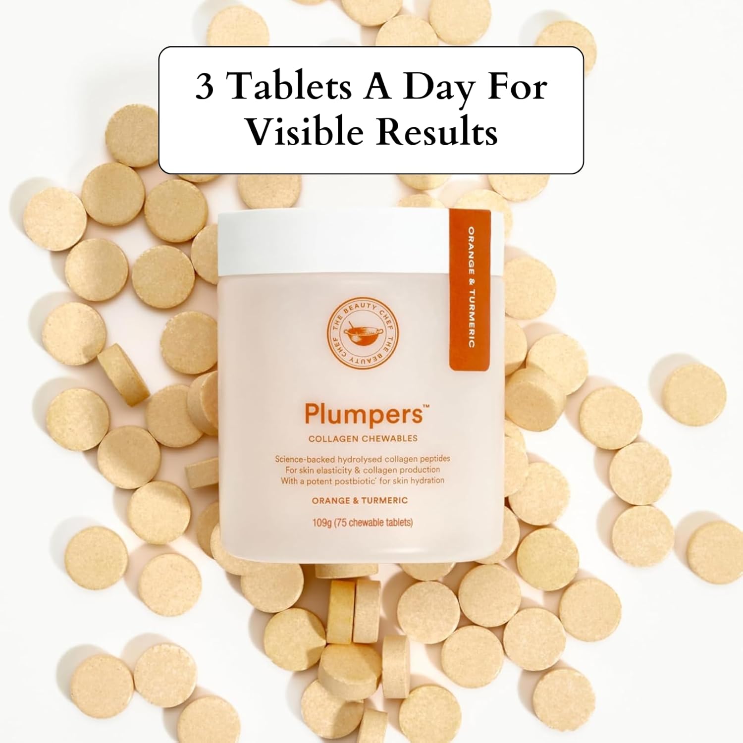 The Beauty Chef Plumpers™ Collagen Chewable Tablets with Hyaluronic Acid & Postbiotic, Supports Skin Elasticity & Collagen, Women's Multivitamin, Collagen Peptides, 75 Tablets (Orange & Turmeric)