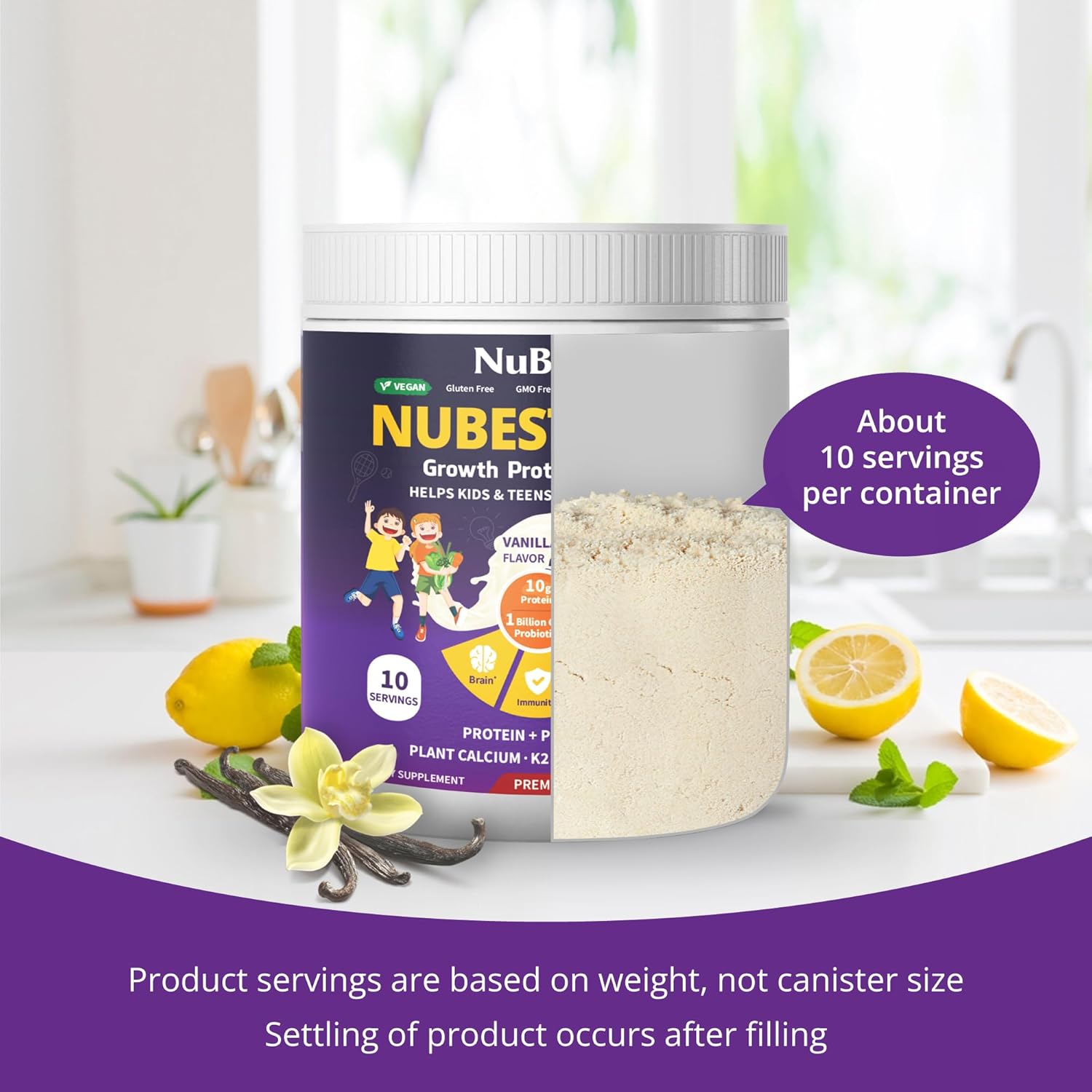 NuBest Tall Vanilla Plant-Based Protein Powder for Kids & Teens - Healthy & Immunity with Probiotics, Omega 3-6-9, Vitamin D3 + K2, Calcium & Vitamins - 10 Servings | 2 Week Supply