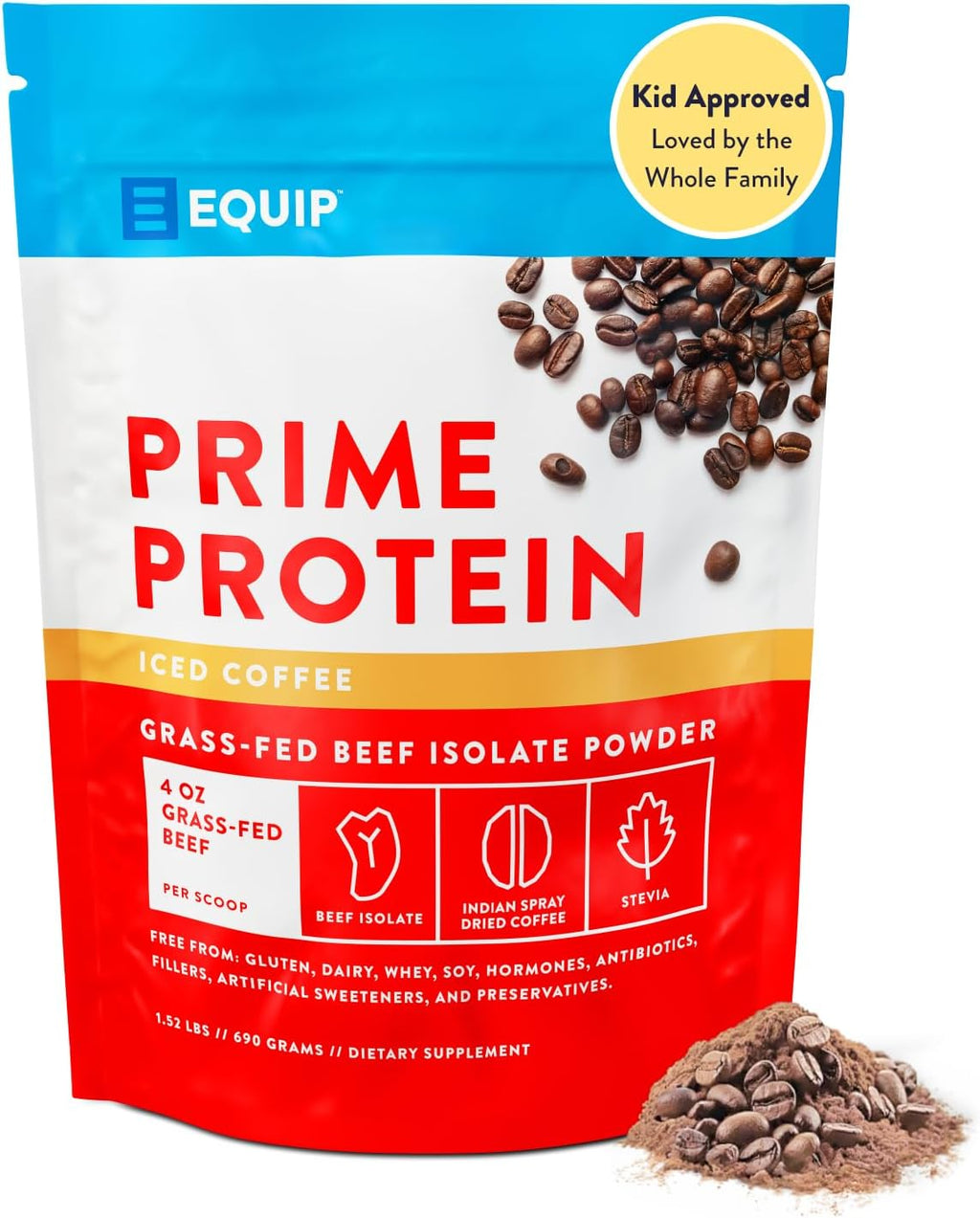 Equip Foods Prime Protein Powder | Clean, Grass Fed Beef Protein Isolate | Carnivore Protein Powder | Paleo, Keto Friendly | Gluten, Dairy Free | Helps Build & Repair Tissue | 30 Servings, Iced Coffee