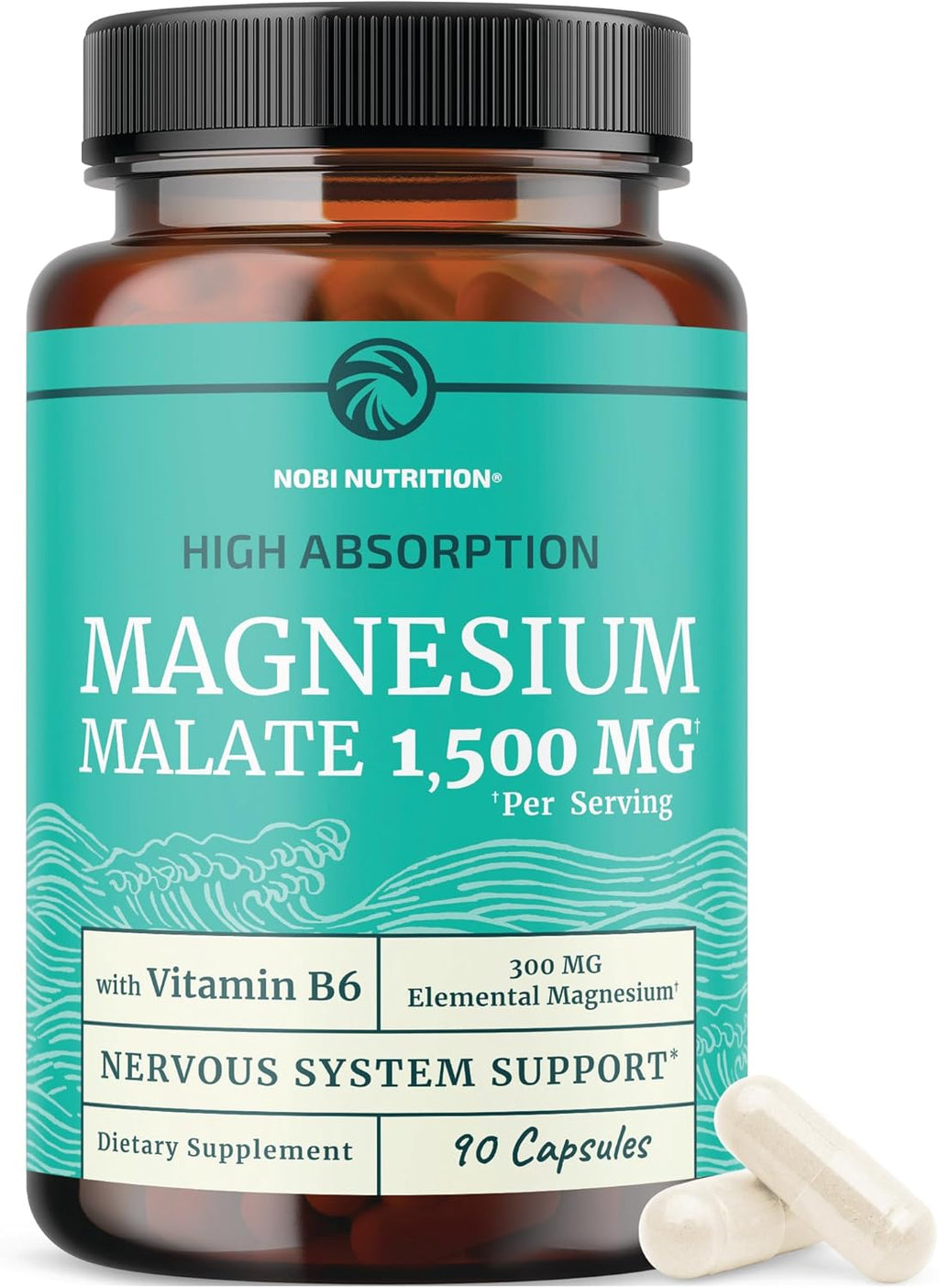Magnesium Malate 1500MG | Energy & Nervous System Support | 300MG Elemental Mag Per Serving | High Absorption Magnesium Malate Capsules with VIT B6 + Black Pepper | Non-GMO | 90 Ct (1 Month Supply)