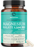 Magnesium Malate 1500MG | Energy & Nervous System Support | 300MG Elemental Mag Per Serving | High Absorption Magnesium Malate Capsules with VIT B6 + Black Pepper | Non-GMO | 90 Ct (1 Month Supply)