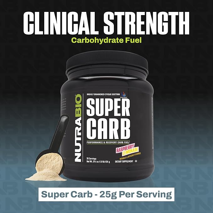 NutraBio Super Carb, Carbohydrate Powder with Cluster Dextrin & Electrolytes, Advanced Carb Supplement Powder for Workout Fuel,Performance, and Muscle Recovery,Cyclic Dextrin,Raspberry Lemonade, 30 Sv
