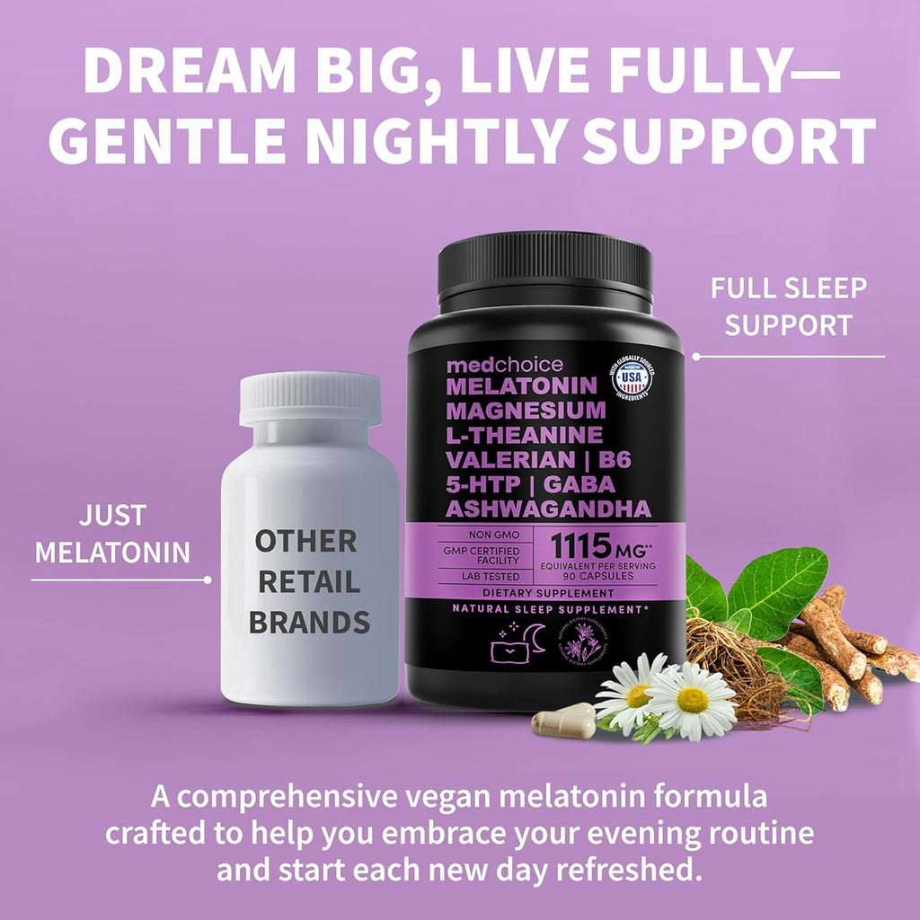 12-in-1 Melatonin Sleep Capsules - Natural Sleep Aids for Adults with Melatonin 5mg and Magnesium Glycinate 500mg, Sleep Aid with Ashwagandha, L Theanine, Valerian Root, GABA, 5-HTP (90ct, Pack of 3)