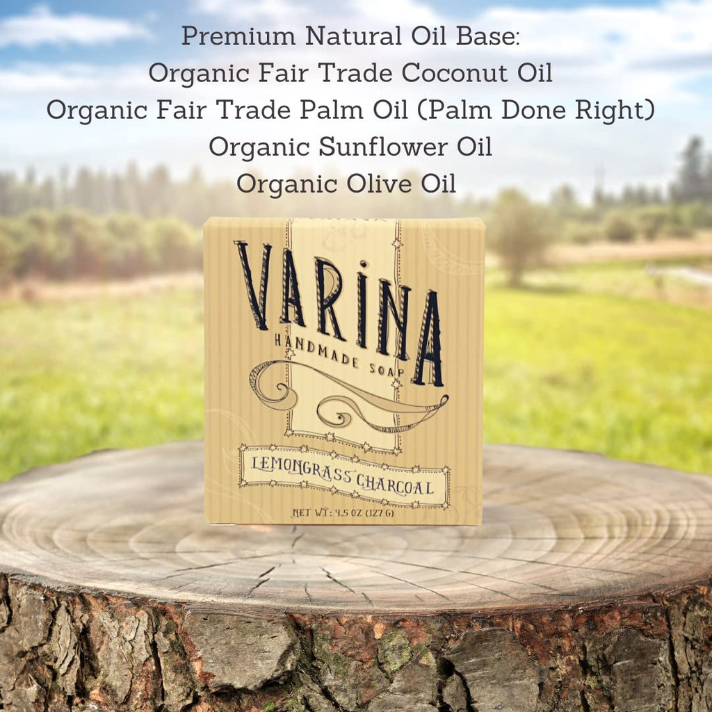 Varina Organic Lemongrass Soap - Charcoal Bar Soap - Gentle Cleansing for Sensitive Skin, Herbal and Mint - 3 Pack - Natural Charcoal Soap