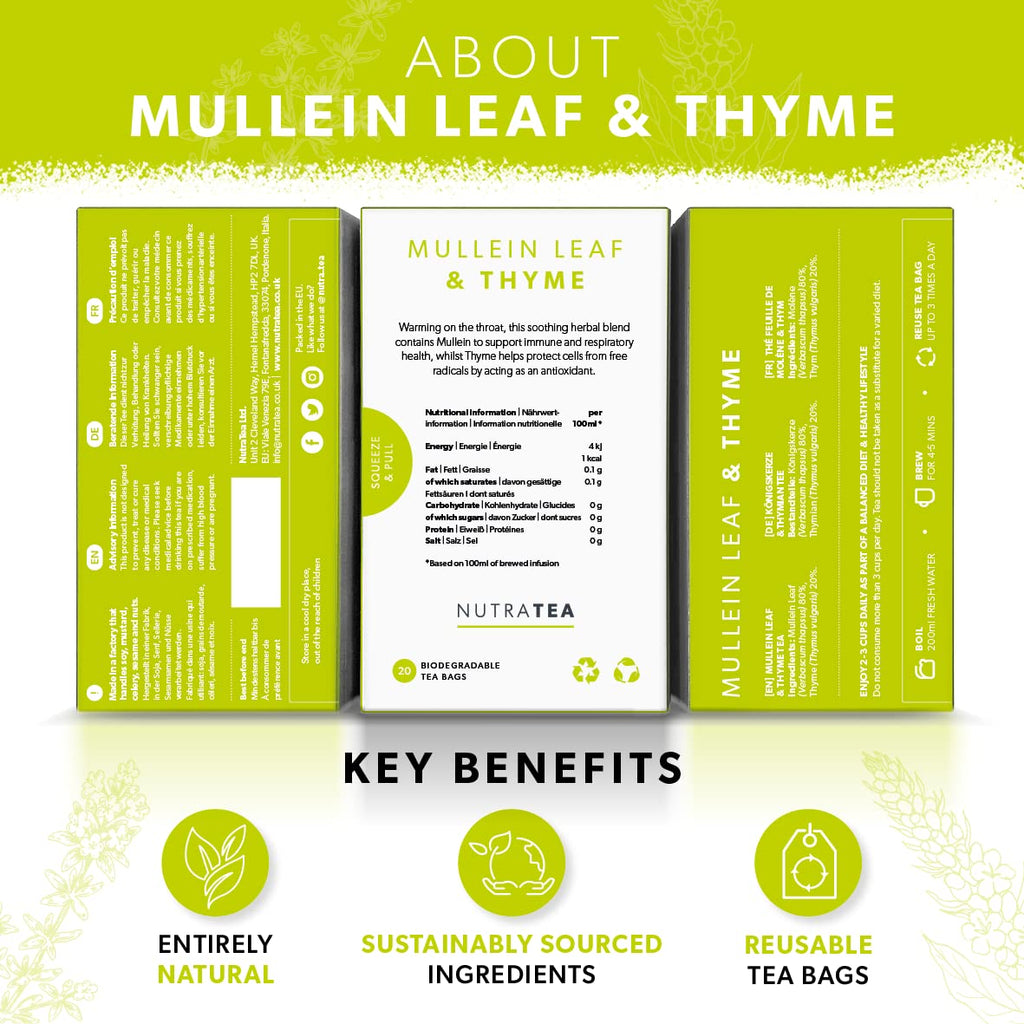 NutraTea - Mullein Leaf & Thyme Tea - Mullein Tea - Thyme Teabags For Lungs & Throat - 60 Individually Wrapped Bags - Herbal Infusion (3 Pack)