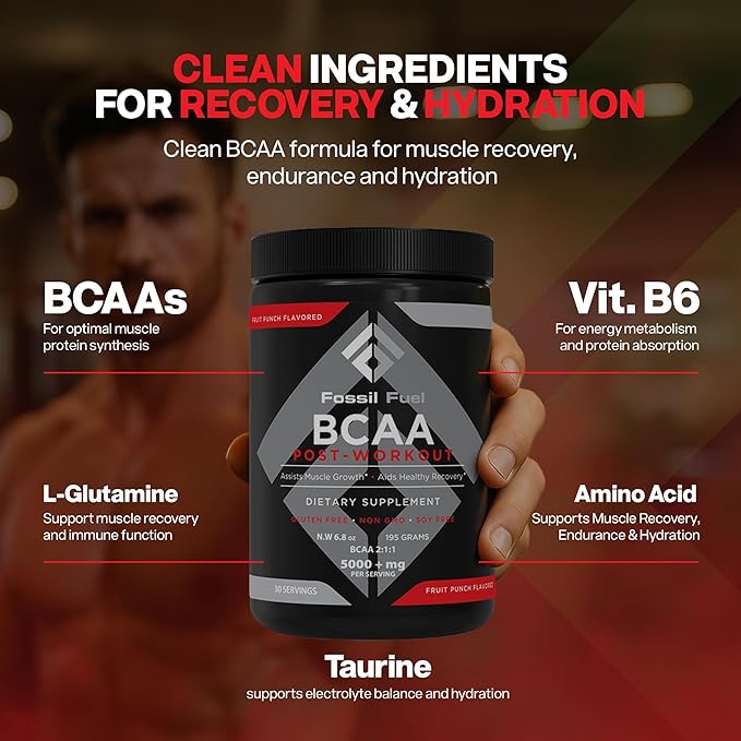 Fossil Fuel Sugar-Free BCAA Powder – Post-Workout Muscle Recovery with BCAAs, Glutamine, Vitamin B6, Amino Acids, Endurance & Hydration, Fruit Punch (30 Servings)