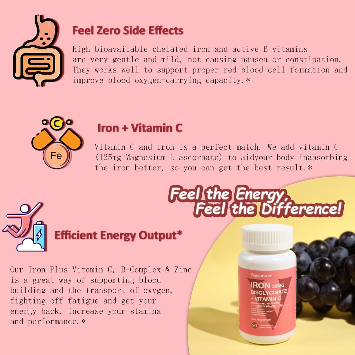 Iron Supplements for Women Men, Vegan Iron Bisglycinate 30mg Plus Vitamin C, B12, Folic Acid - Iron Pills for Anemia, Health Blood & Energy Support - Gentle, High Absorption, Non-GMO - 90 Capsules