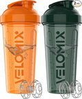 VELOMIX -2 Pack- 28 oz Protein Shaker Bottles for Protein Mixes - 2x Wire Whisk | Leak Proof Shaker Cups for Protein Shakes | Protein Shaker Bottle Pack | Shakers for Protein Shakes-Green&Orange