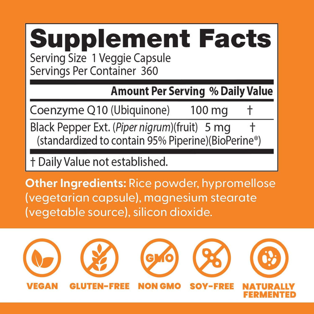 Doctor's Best High Absorption CoQ10 with BioPerine, Gluten Free, Naturally Fermented, Vegan, Heart Health & Energy Production, 100 mg 360 Veggie Caps(Pack of 1)