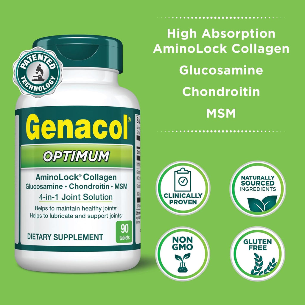 Genacol Optimum – Glucosamine, Chondroitin, MSM and Ultra-Hydrolyzed Collagen Tablets, Maintains Healthy Joints, Protects & Lubricate Cartilage, 90 Tablets (30-Day Supply)