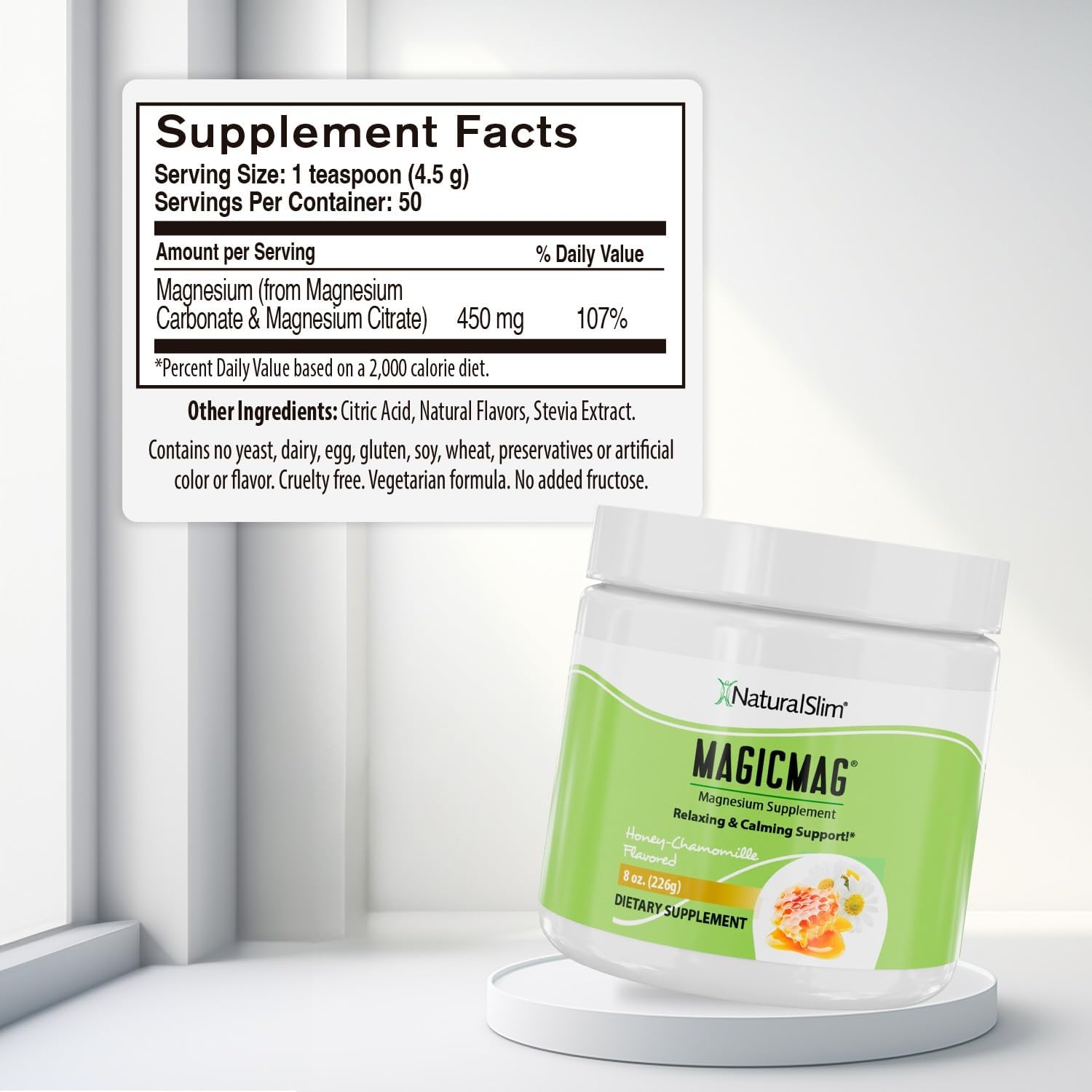 NaturalSlim Magicmag Pure Magnesium Citrate Powder Stress, Constipation, Muscle, Heart Health, and Sleep Support | Honey Chamomile Magnesium Supplement - 8oz Drink Mix (Solo)