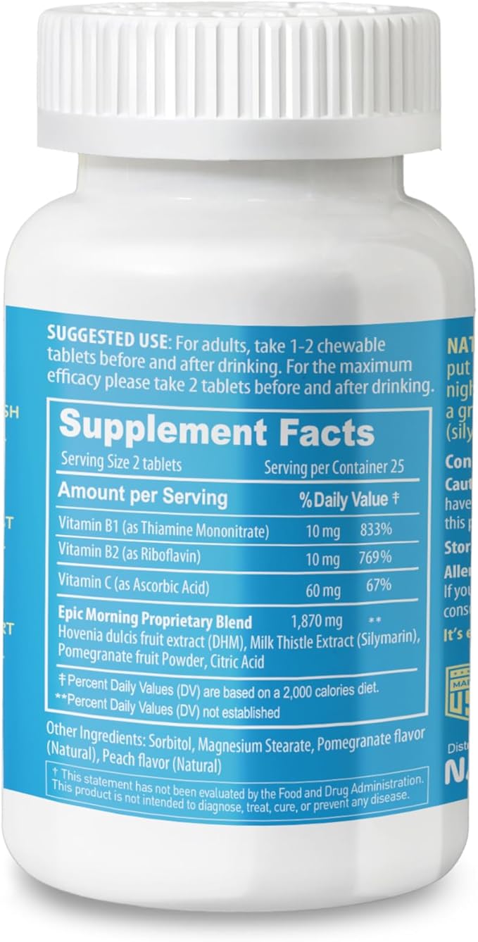 Epic Morning - Liver Detox & Repair Supplement with DHM, Milk Thistle, Vitamin C, B1, B2 & Pomegranate - Natural Pomegranate & Peach Flavor - 50 Chewable Tablets for Liver Support & Morning Recovery