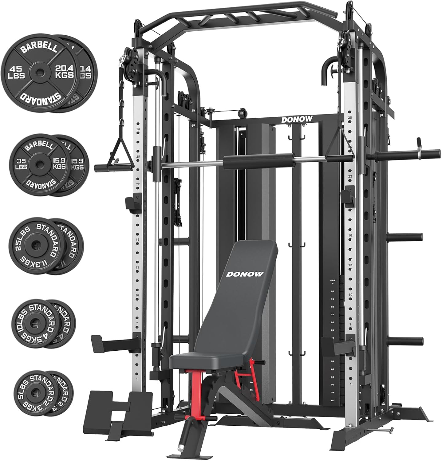 DONOW Smith Machine with Weight Stacks Power Cage Squat Rack Dual Cable Crossover Machine Home Gym Systems Station LAT Pull Down