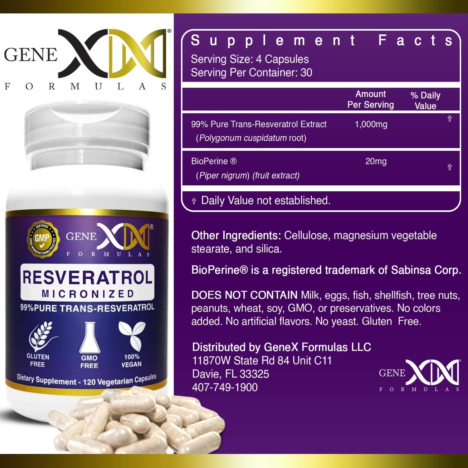 Genex Formulas Trans Resveratrol 1000mg Serving 99% Pure Micronized Pharmaceutical Grade Trans-Resveratrol + Bioperine Extract mad in a GMP & NSF Certified Facility (4X 250mg Cpasules 120ct)