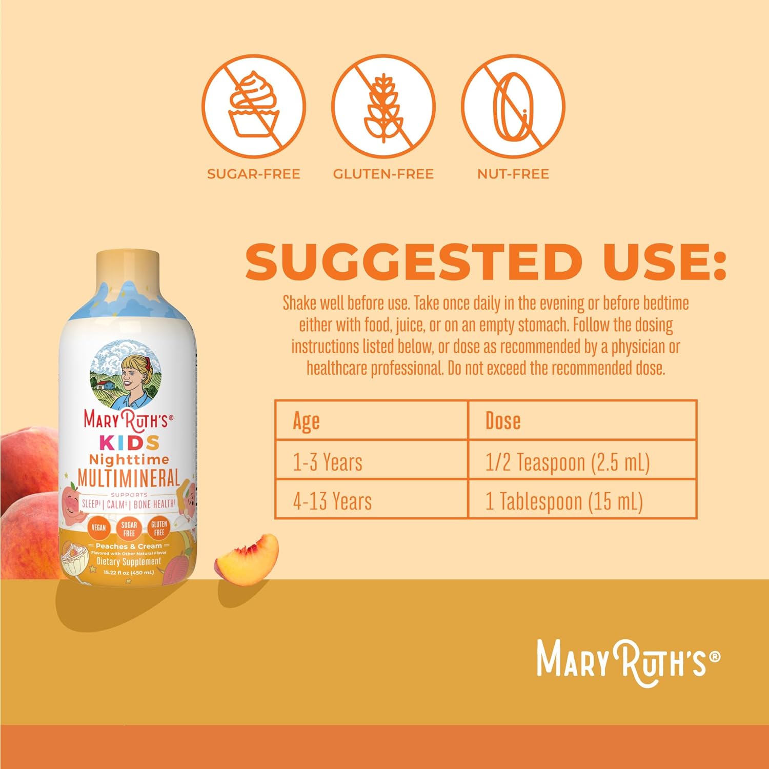 Kids Liquid Nighttime Multimineral by MaryRuth's | Bone Health | Immune Function | Bedtime Supplement | Kids Vitamins | Magnesium | Vegan | Sugar Free | 30-180 Servings | 15.22 fl oz