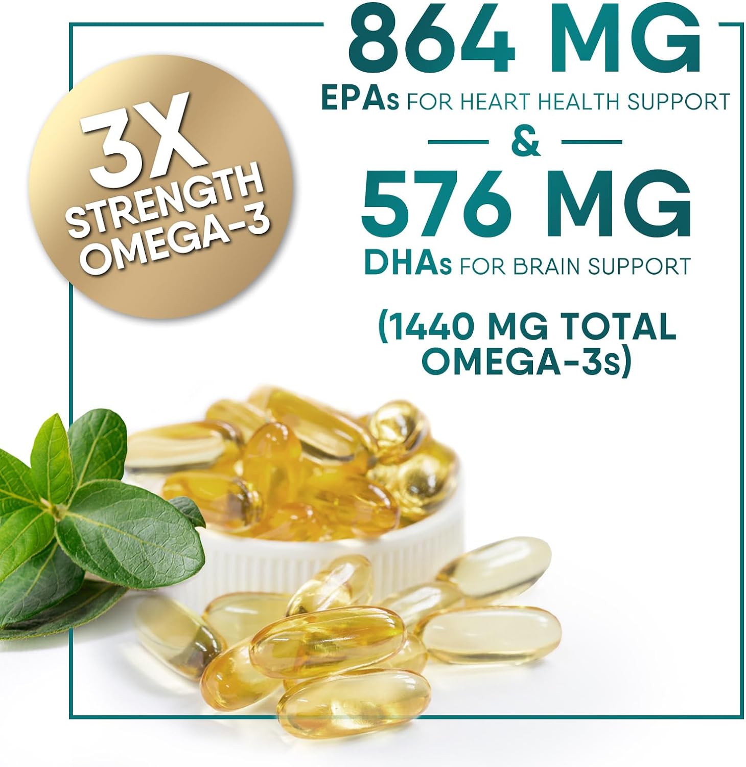 Omega 3 Fish Oil Supplement 2400 mg - Triple Strength EPA & DHA Fish Oil Omega 3, Essential Fatty Acids Supplement Softgels, Brain & Heart Health Support Supplements, Gluten Free Non-GMO, 60 Softgels