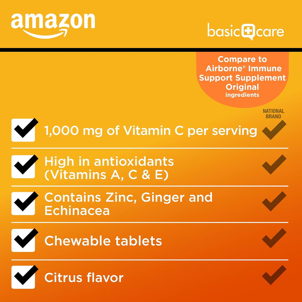 Amazon Basic Care Immune Support Citrus Chew Tablets, 32 Count (Pack of 2)