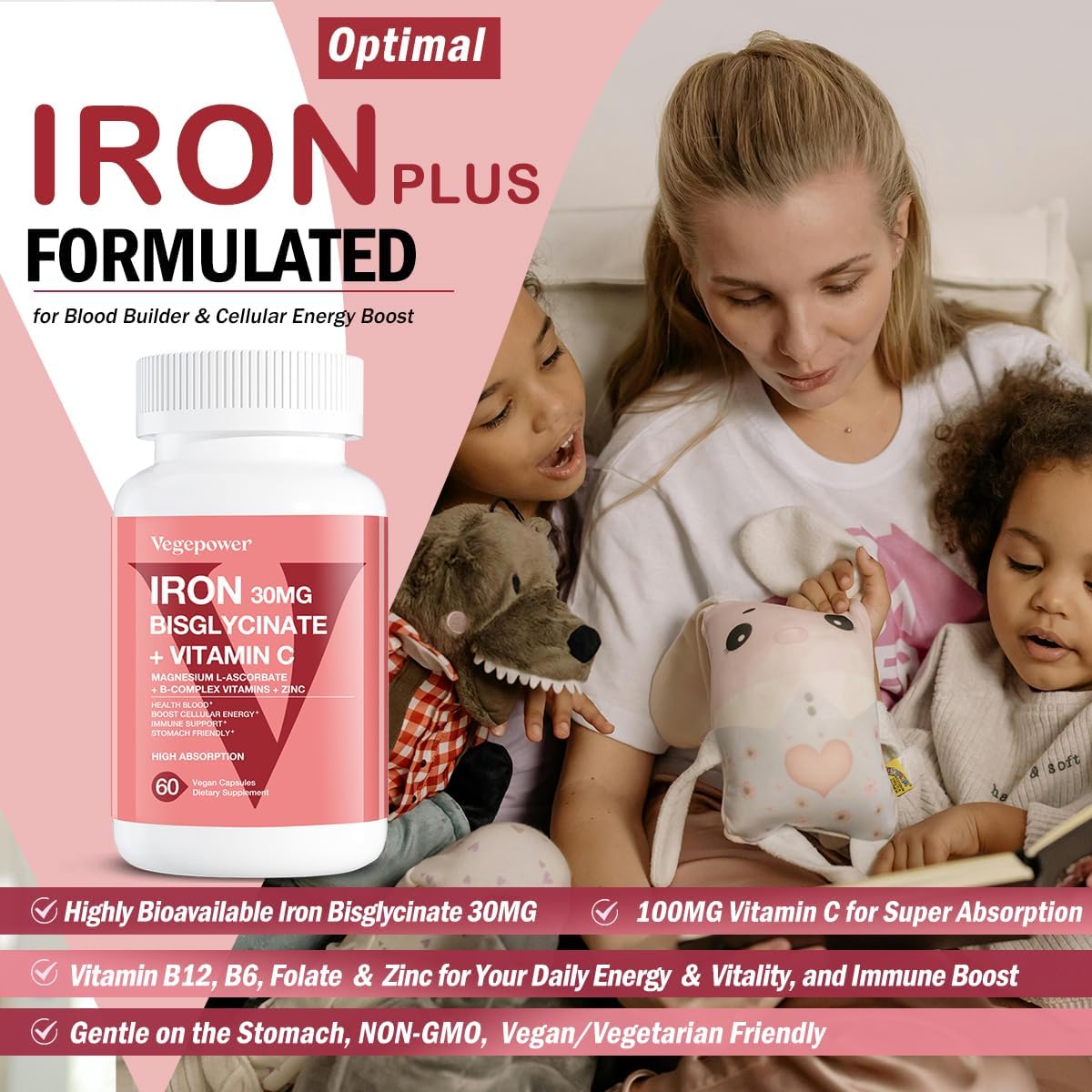 Iron Bisglycinate Supplement for Women & Men - 30mg Iron Pills with Vitamin C, B12, Folic Acid - Chelated Iron for Anemia, Health Blood - High Absorption, Gluten-Free, Non-GMO - 60 Vegan Caps