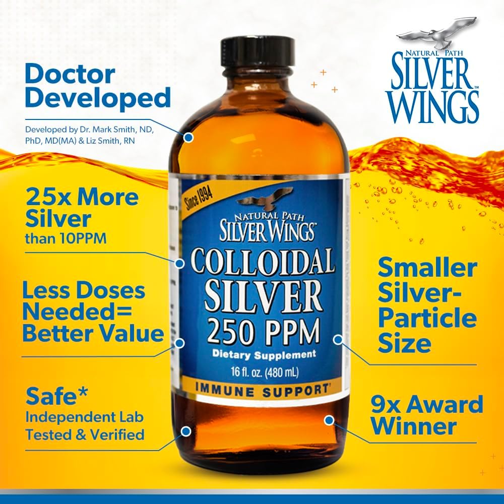 Natural Path Silver Wings Colloidal Silver Liquid - Enhanced Immune Support Supplement - 250ppm (1250mcg) - 1oz Dropper