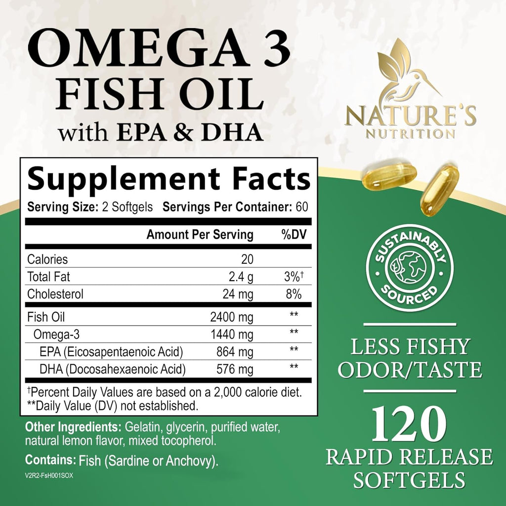 Omega 3 Fish Oil Supplements 2400 mg - Triple Strength Omega3 - EPA & DHA with Essential Fatty Acids - Natural Immune, Brain & Heart Health Support - Burpless, Lemon Flavor, Wild Caught - 120 Softgels