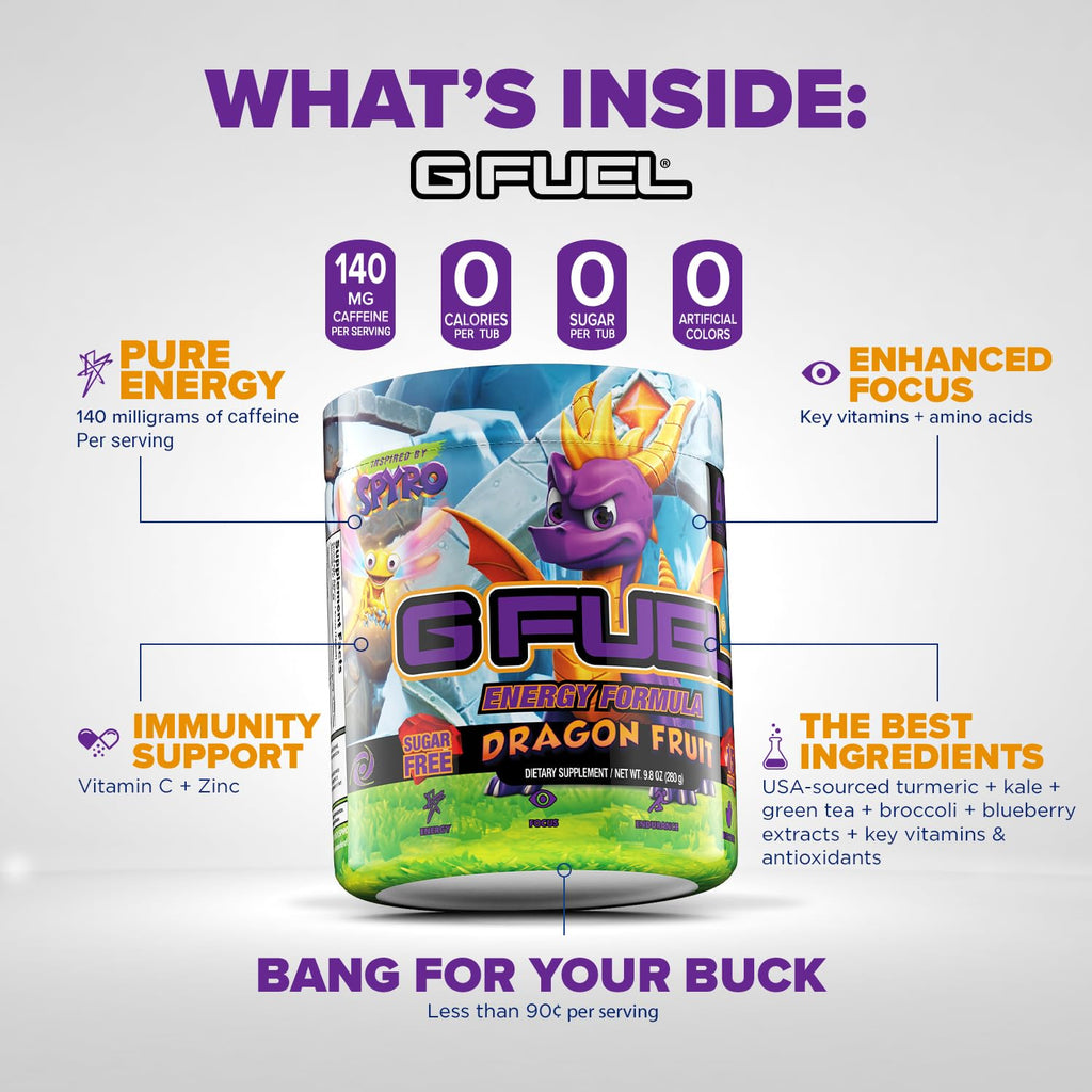 G Fuel Spyro The Dragon Energy Drink Powder, Pre Workout Caffeine Mix for Gaming, Sugar Free Focus Amino, Vitamin + Antioxidants, 9.8oz (Dragon Fruit, 40 Servings)