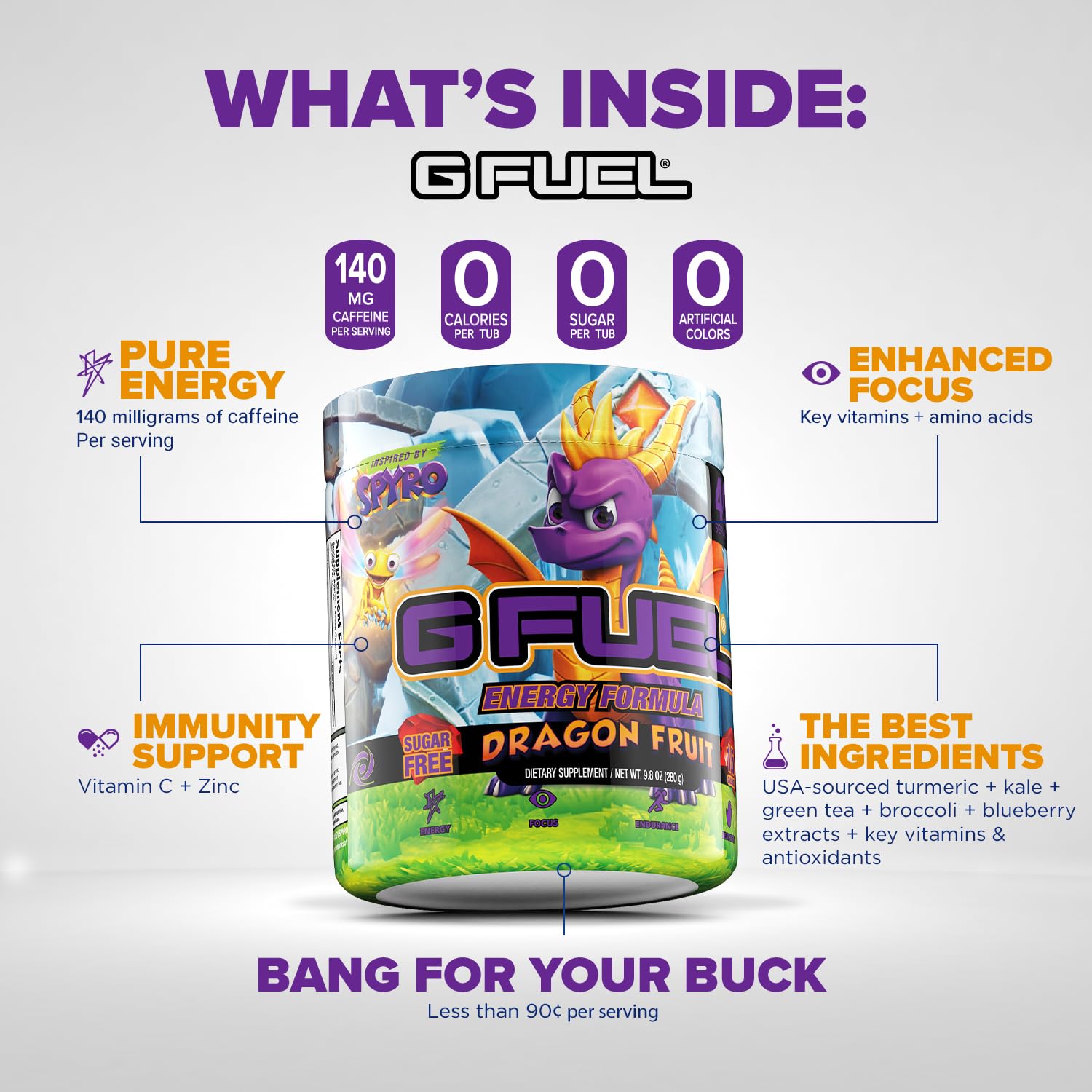 G Fuel Spyro The Dragon Energy Drink Powder, Pre Workout Caffeine Mix for Gaming, Sugar Free Focus Amino, Vitamin + Antioxidants, 9.8oz (Dragon Fruit, 40 Servings)