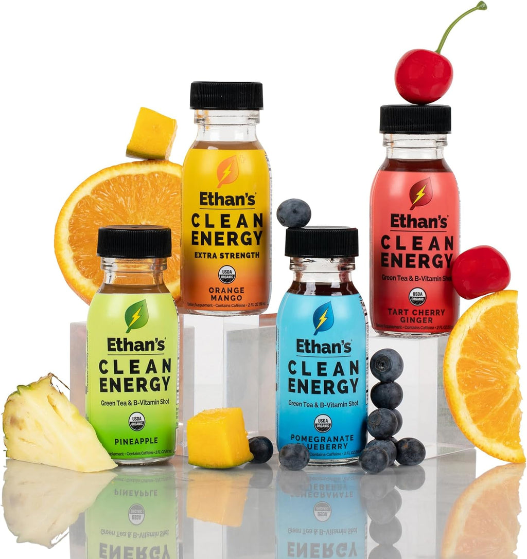 Ethan's Organic Clean Energy Shots Orange Mango, Sugar Free Natural Pre-Workout Focus Boost, Gluten Free, Vegan, B6 & B12 Vitamin C with Green Tea Extract and Guayusa (12 Pack of 2oz Shots)
