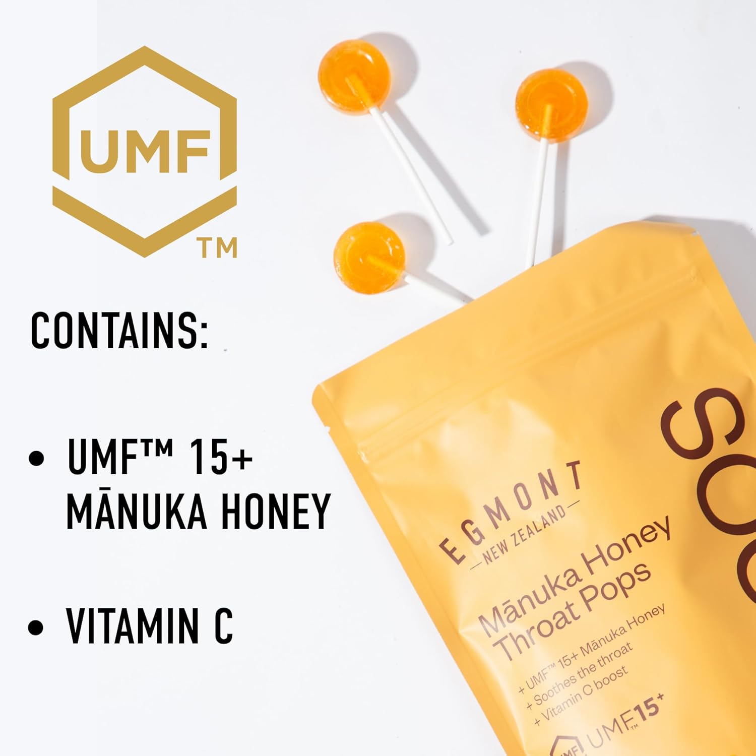 Egmont Honey Manuka Honey Throat Pops 20 Count | UMF 15+ New Zealand Honey with Vitamin C | Natural Soothing Lollipops for Kids & Adults