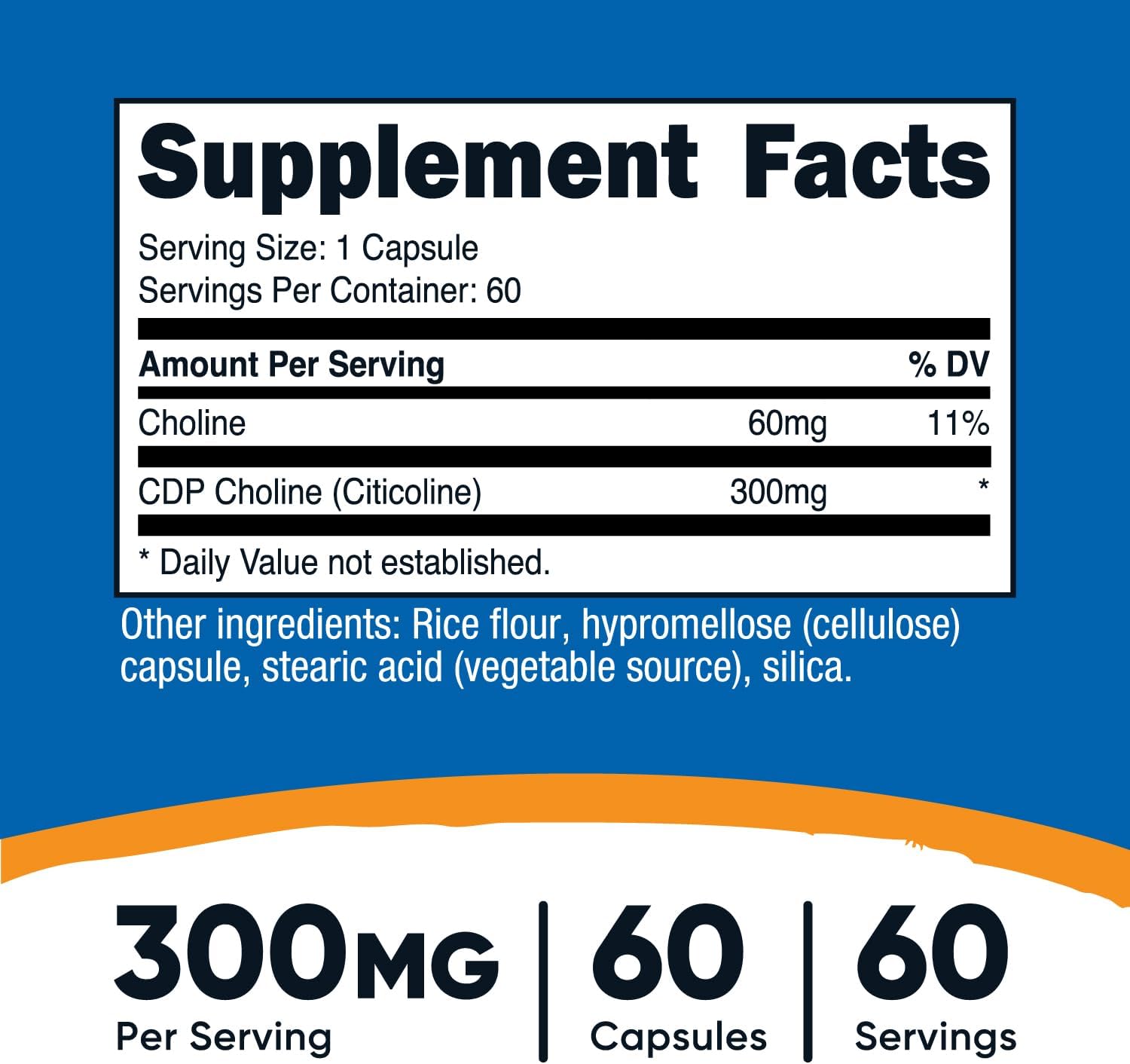 Nutricost CDP Choline (Citicoline) 300mg, 60 Vegetarian Capsules - Non-GMO, Vegetarian Friendly, Gluten Free …