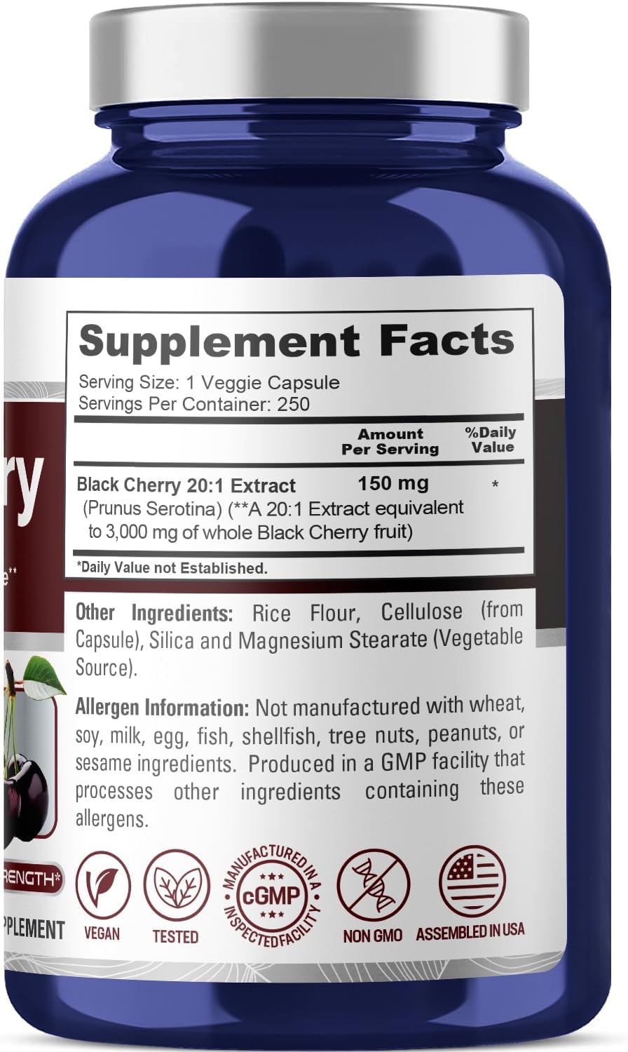 NusaPure Black Cherry Extract 3,000mg 250 Veggie Capsules Max Potency, Non-GMO, Bioperine